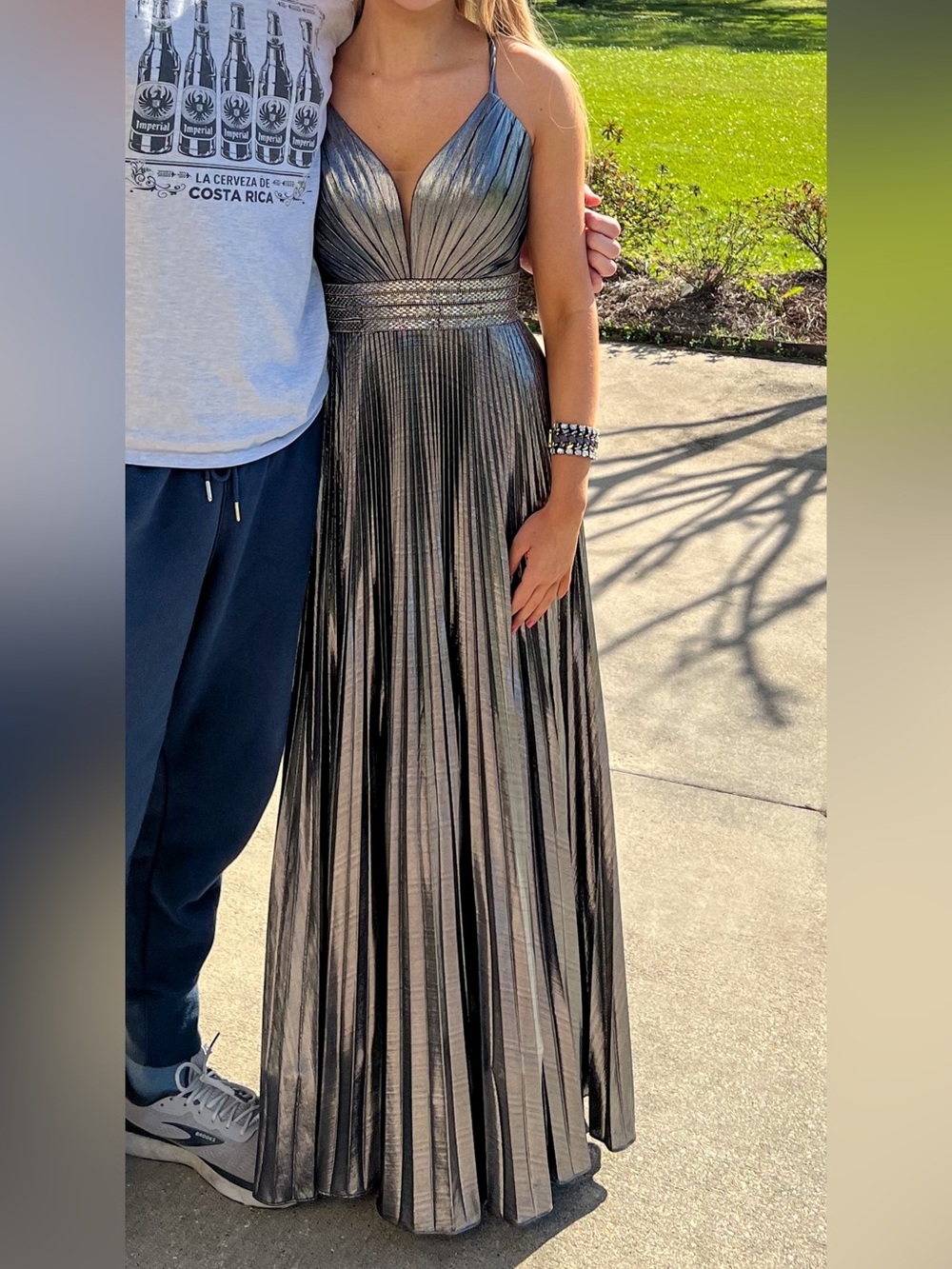 Metallic Silver Pleated V-Neck Evening Gown